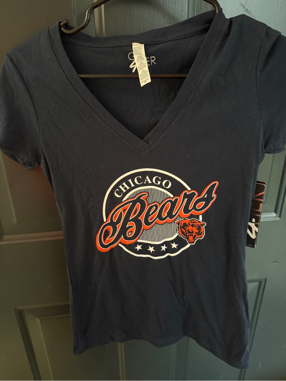 NFL Navy V-Neck Chicago Bears Tee with Orange & White Logo